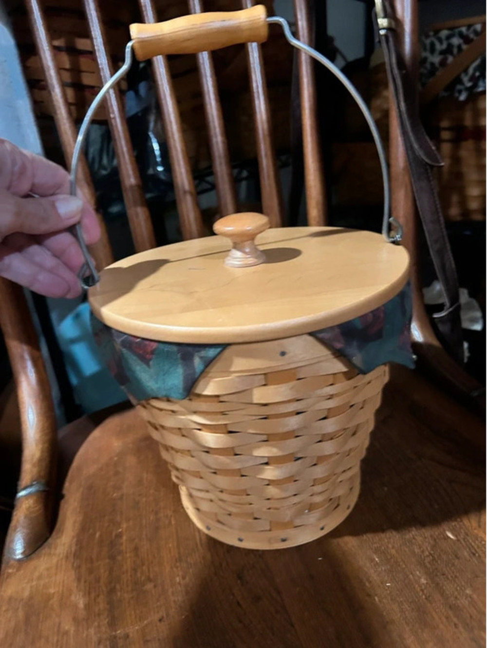 Longaberger Autumn Pail basket with falling leaves liner lid and protector